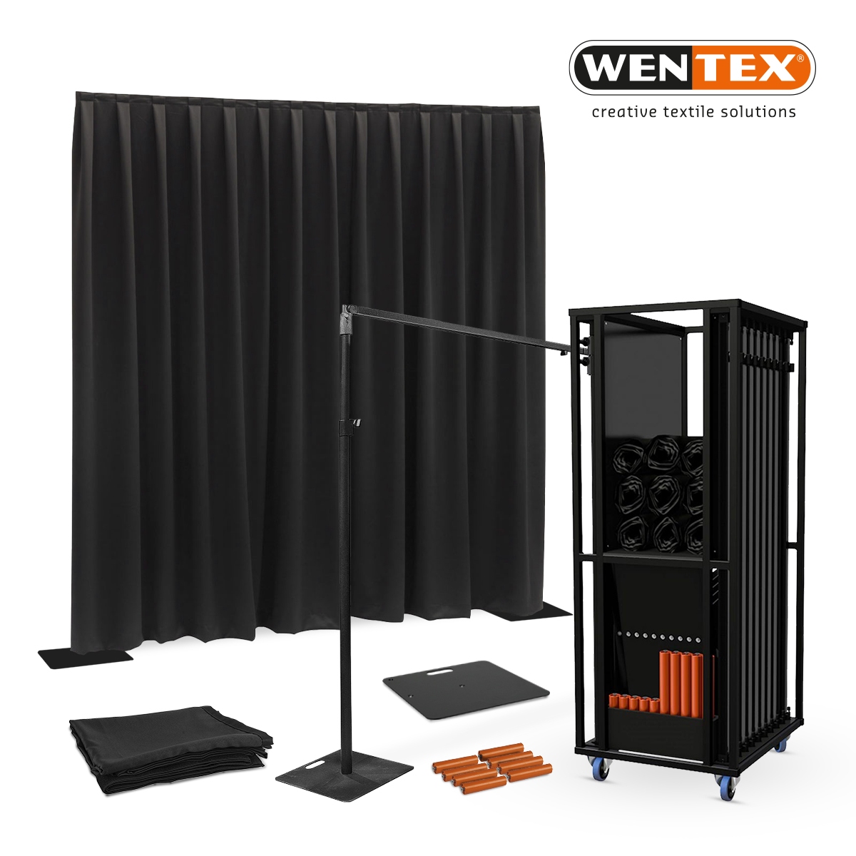 WENTEX® Pipe & Drape set - 27 meter systeem + gordijnen en trolley WENTEX® Pipe & Drape set - 27 meter systeem + gordijnen en trolley