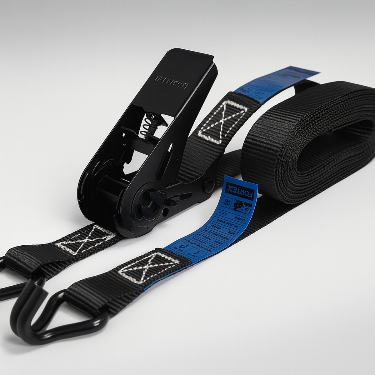 FORTEX 2-delige spanband met ratel en haken - 25mm - 250/500daN - 3 meter zwart FORTEX 2-delige spanband met ratel en haken - 25mm - 250/500daN - 3 meter zwart