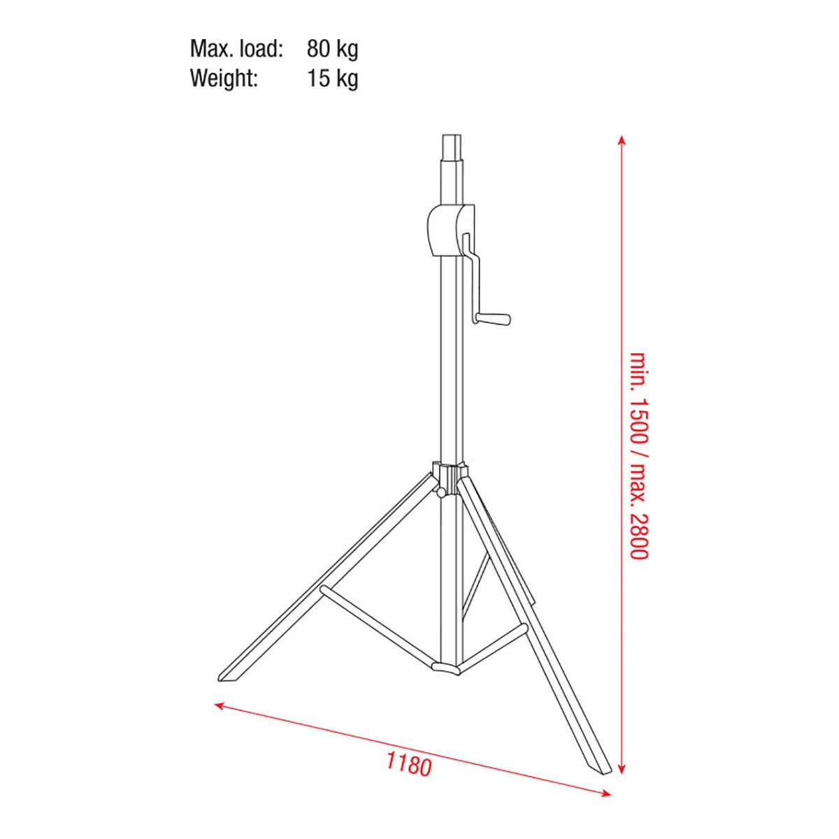 Showgear Basic 2800 Wind-Up statief 2,80m - 80kg Inclusief adapter 28mm - 35mm Showgear Basic 2800 Wind-Up statief 2,80m - 80kg Inclusief adapter 28mm - 35mm