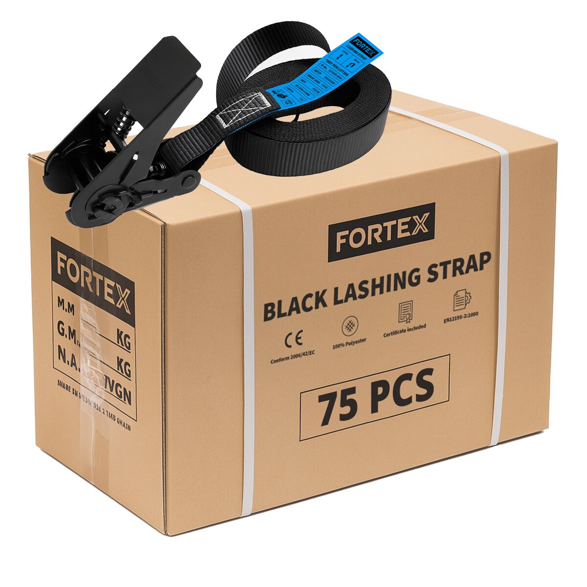 75x FORTEX 1-delige spanband met ratel - 25mm - 250/500daN - 6 meter zwart 75x FORTEX 1-delige spanband met ratel - 25mm - 250/500daN - 6 meter zwart