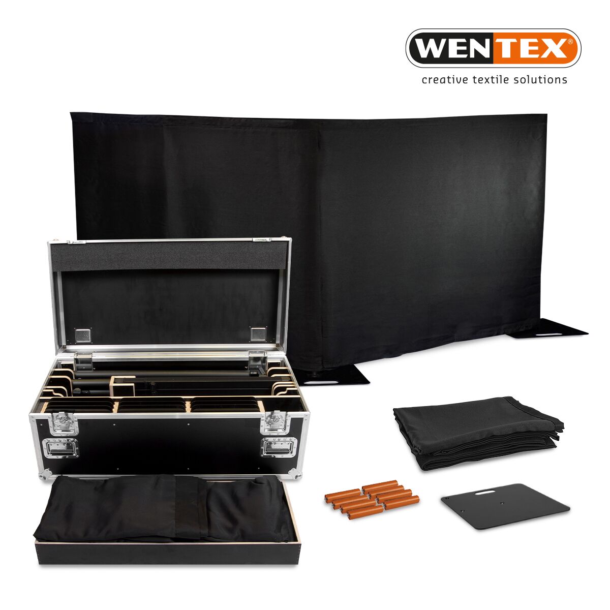 WENTEX® Pipe & Drape FOH kit - 18 meter systeem + gordijnen in flightcase WENTEX® Pipe & Drape FOH kit - 18 meter systeem + gordijnen in flightcase