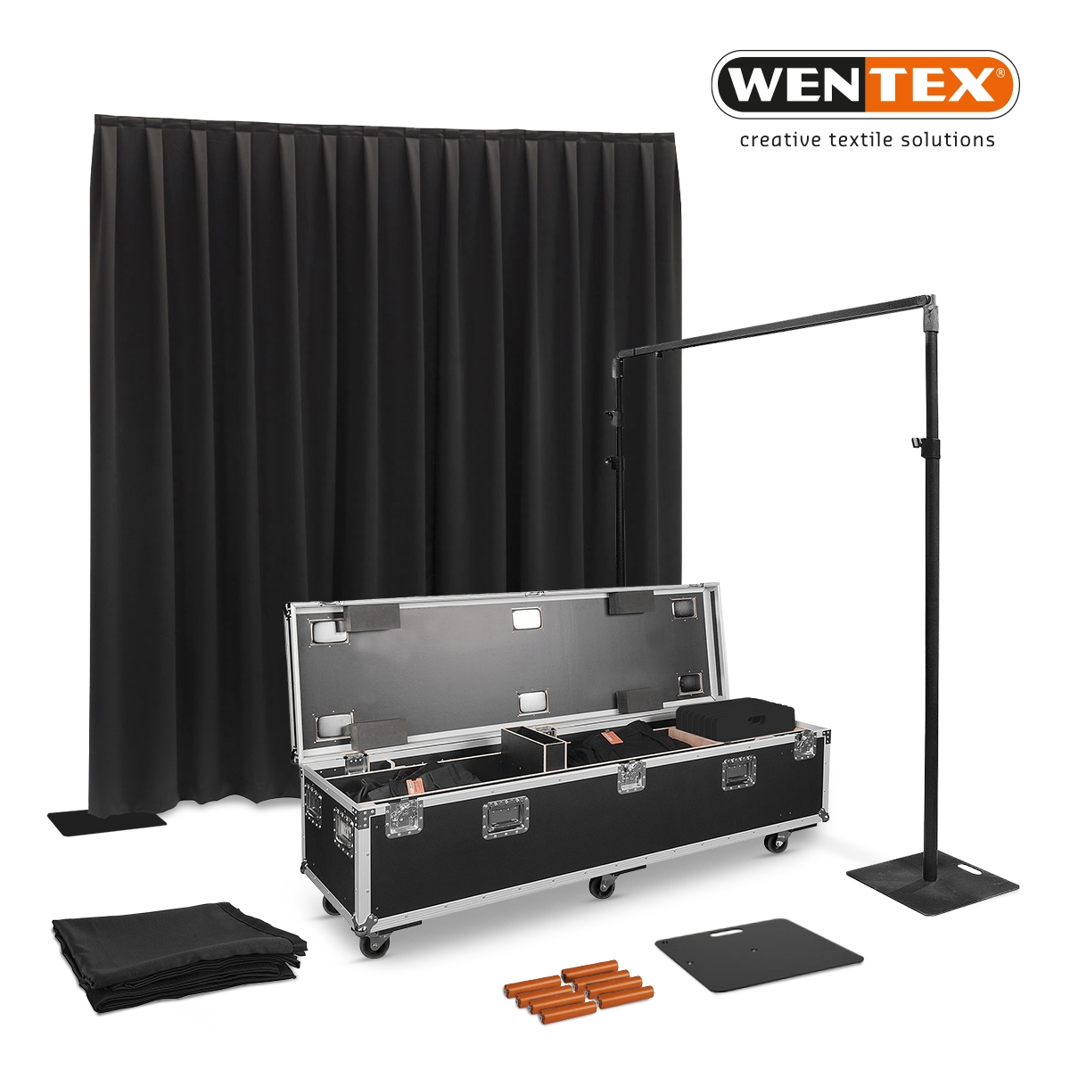WENTEX® Pipe & Drape FOH kit - 18 meter systeem + gordijnen in flightcase WENTEX® Pipe & Drape FOH kit - 18 meter systeem + gordijnen in flightcase