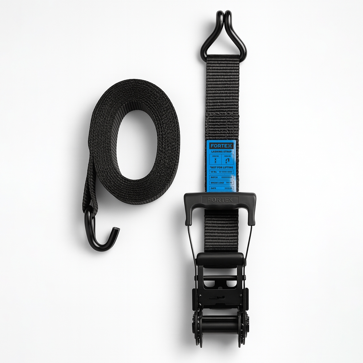 FORTEX 2-delige spanband met ratel en haken - 50mm - 2500/5000daN - 5 meter zwart FORTEX 2-delige spanband met ratel en haken - 50mm - 2500/5000daN - 5 meter zwart