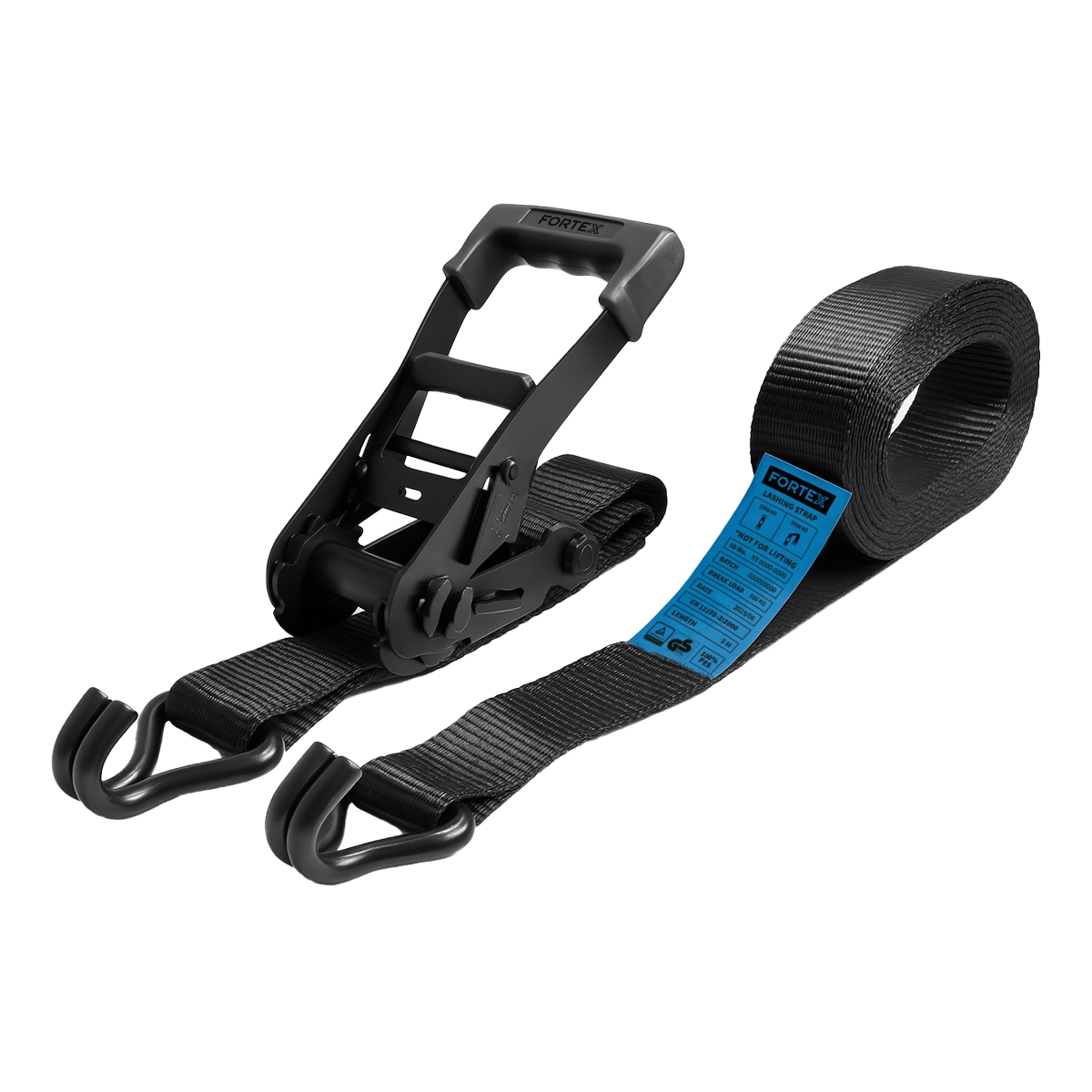 FORTEX 2-delige spanband met ratel en haken - 50mm - 2500/5000daN - 5 meter zwart FORTEX 2-delige spanband met ratel en haken - 50mm - 2500/5000daN - 5 meter zwart