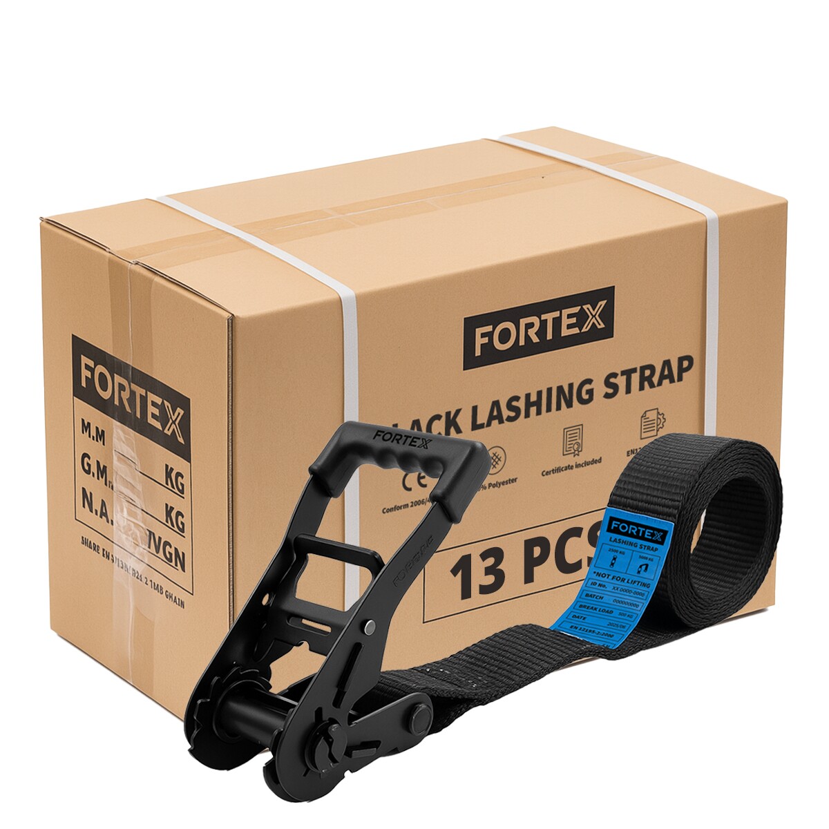 13x FORTEX 1-delige spanband met ratel - 50mm - 2500/5000daN - 4 meter zwart 13x FORTEX 1-delige spanband met ratel - 50mm - 2500/5000daN - 4 meter zwart