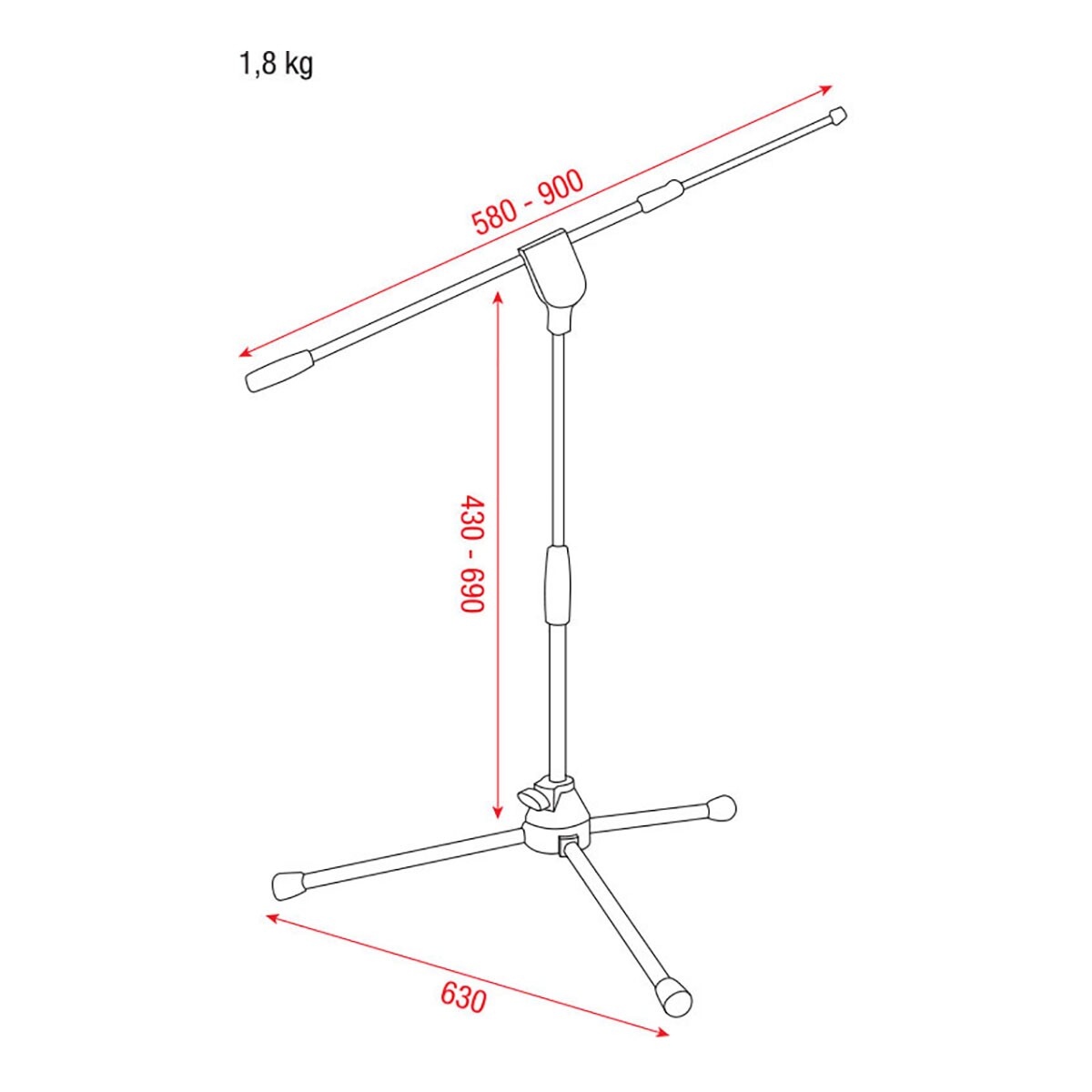 Showgear Pro Microphone stand with telescopic boom 430-690mm Showgear Pro Microphone stand with telescopic boom 430-690mm