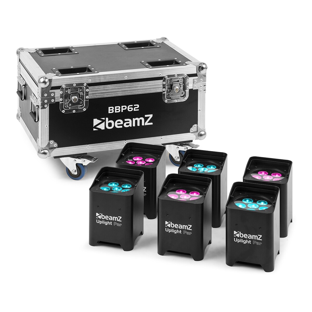 BeamZ set met 6x BBP62 uplights voor binnen en buiten in flightcase met oplaadfunctie BeamZ set met 6x BBP62 uplights voor binnen en buiten in flightcase met oplaadfunctie