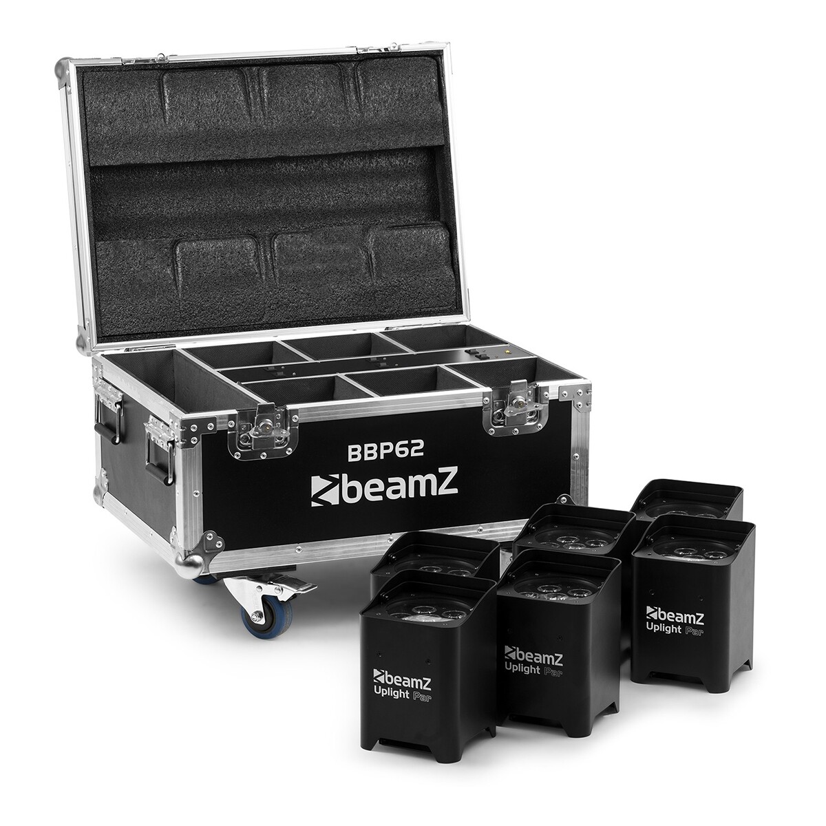 BeamZ set met 6x BBP62 uplights voor binnen en buiten in flightcase met oplaadfunctie BeamZ set met 6x BBP62 uplights voor binnen en buiten in flightcase met oplaadfunctie