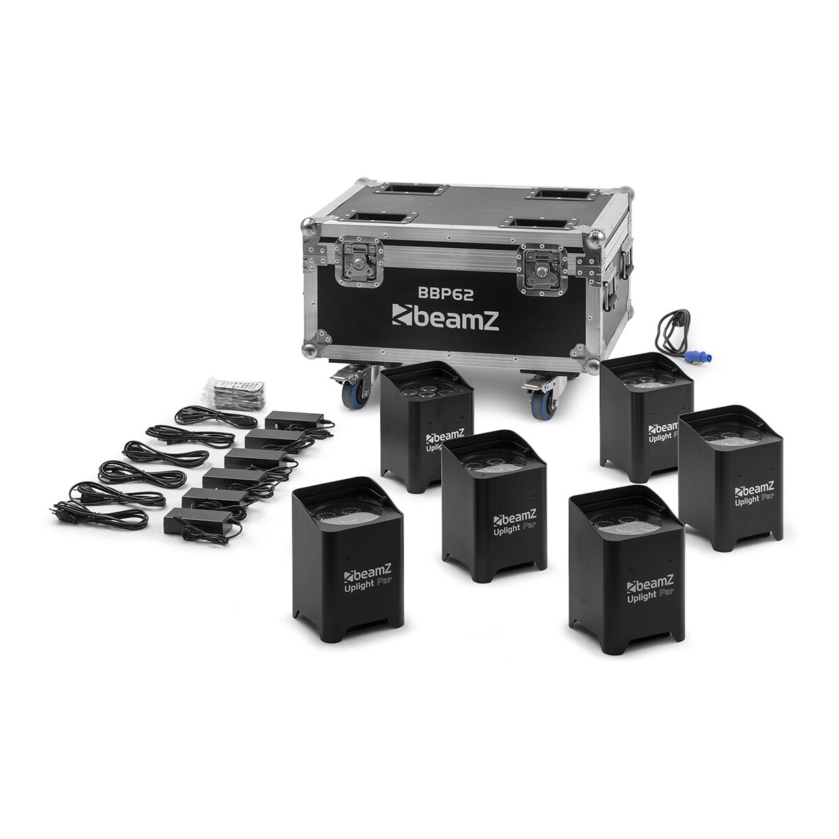 BeamZ set met 6x BBP62 uplights voor binnen en buiten in flightcase met oplaadfunctie BeamZ set met 6x BBP62 uplights voor binnen en buiten in flightcase met oplaadfunctie