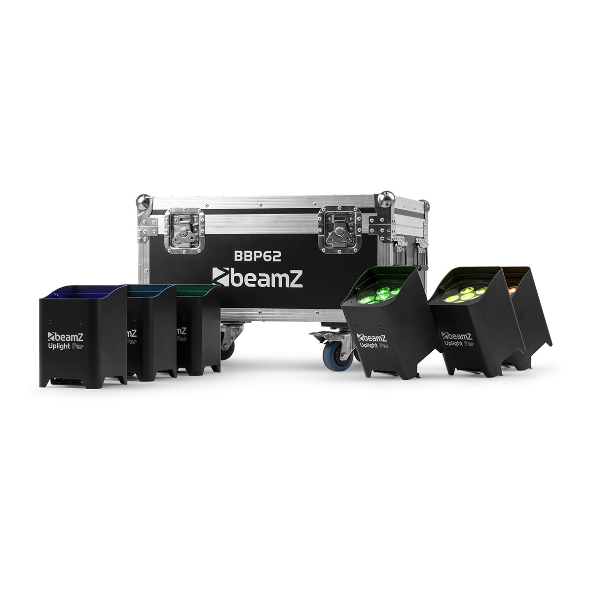 BeamZ set met 6x BBP62 uplights voor binnen en buiten in flightcase met oplaadfunctie BeamZ set met 6x BBP62 uplights voor binnen en buiten in flightcase met oplaadfunctie