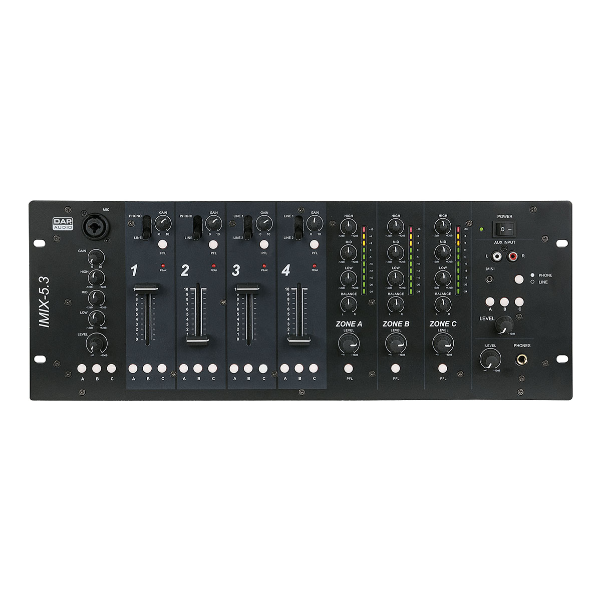 DAP IMIX-5.3 Zone-mixer 5 kanalen - 19 inch 4HE DAP IMIX-5.3 Zone-mixer 5 kanalen - 19 inch 4HE