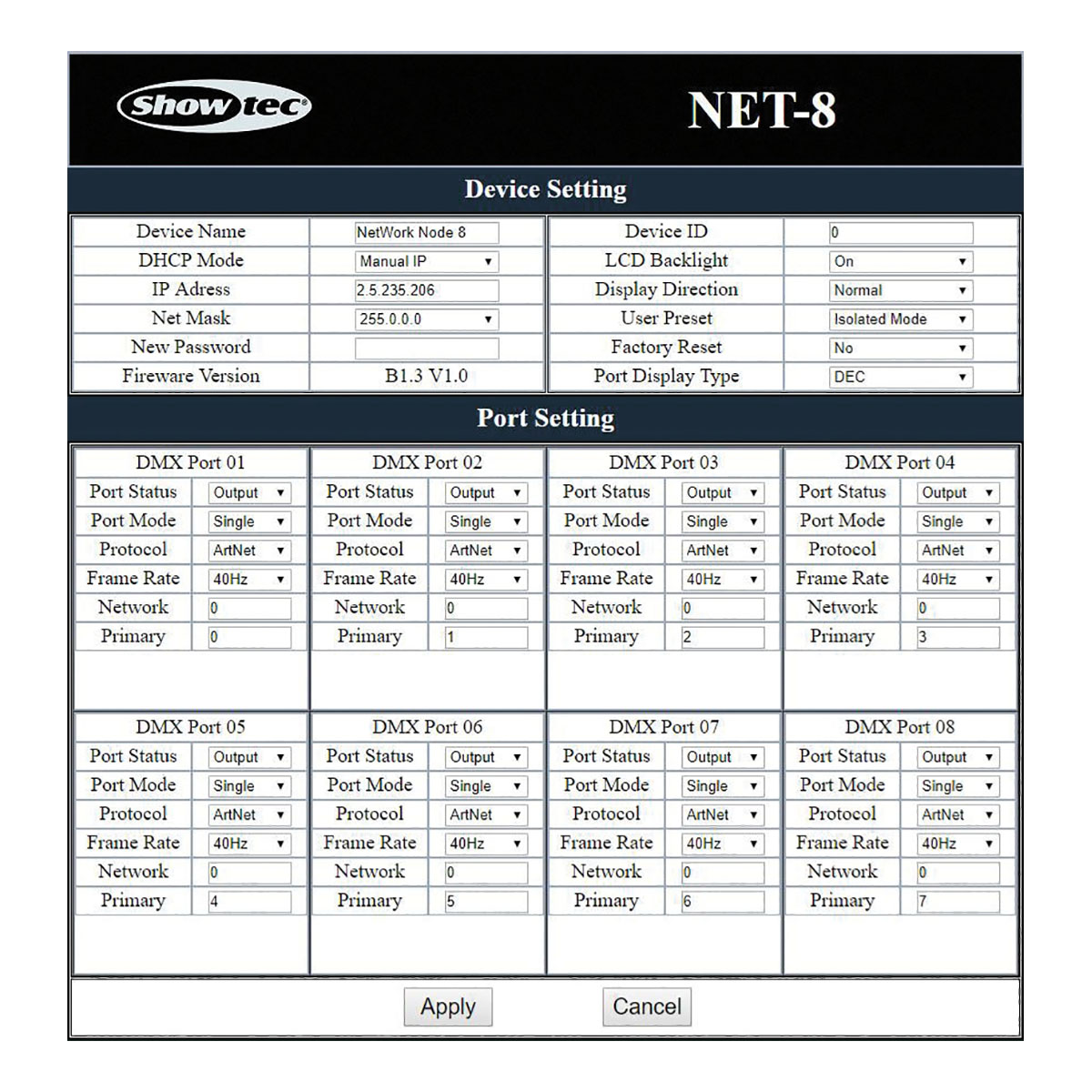 Showtec Net-8/3 8-kanaals Art-Net-/Kling-Net-node, 3-polige XLR Showtec Net-8/3 8-kanaals Art-Net-/Kling-Net-node, 3-polige XLR