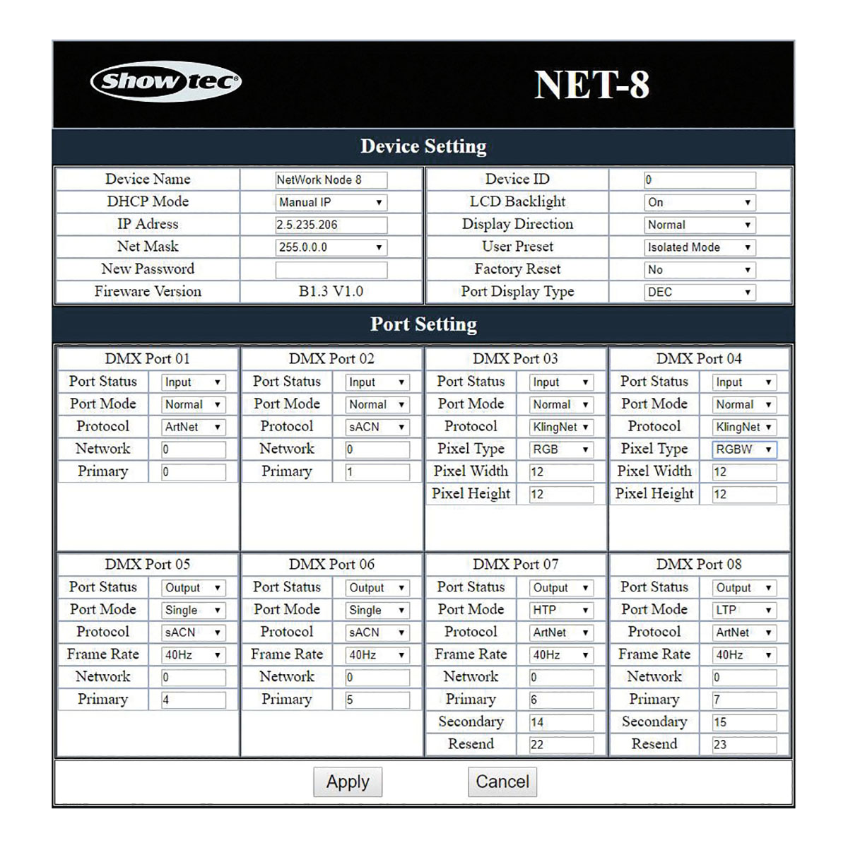Showtec Net-8/3 8-kanaals Art-Net-/Kling-Net-node, 3-polige XLR Showtec Net-8/3 8-kanaals Art-Net-/Kling-Net-node, 3-polige XLR